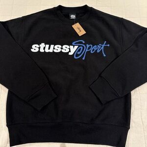 NWT Stussy Sport Script Black Crewneck Sweater sweatshirt black w Blue Accents